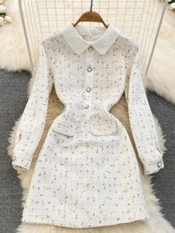 Autumn Winter Vintage Small Fragrant Sweet Tweed Wool Short Dress Women Peter Pan Collar Pearls Buttons A-Line Vestidos 240105