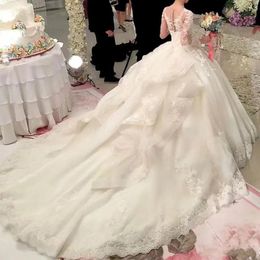 Dresses Princess White A Line Wedding Dresses Bridal Gowns Puffy Tiered Tulle Bride Dress Long Sleeves Tulle Ball Gown Wed Dresses Appliqu