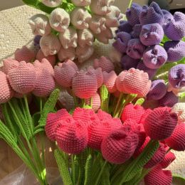 Decorative Flowers DIY Crochet Flower Bouquet Multi-colored Tulips Hand-woven Fake Home Table