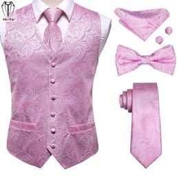Blazers Pink Paisley Silk Mens Vests Jacquard Waistcoat Tie Bowtie Hanky Cufflinks Set Dress Suit Waist Jacket For Men Wedding Business