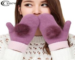 Real Fur Ball Design Womens Knitted Mittens Gloves Winter Autumn Keep Warm Wool Gloves High Quality Fashion Female Glove3165008