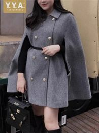 Autumn Winter Women Woollen Blends Coat Office Ladies Elegant Outwear Double Breasted Cape Jacket TurnDown Collar Cloak Overcoat 240104