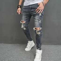 Men Stylish Ripped Skinny Pencil Jeans Pants Streetwear Male Hip Hop Holes Stretch Slim Denim Trousers 240104