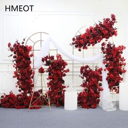 Burgundy Artificial Rose Delphinium Grass Flower Row Wedding Arch Decor Wine Red Wall Hang Floral Party Props Window Display 240105