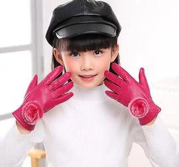 Childrens autumn winter thicken warm fleece lining leather gloves boy girl kids natural sheepskin leather fur ball glove R1877 240105