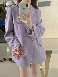 Dresses Yitimuceng Purple Blazer for Women Long Sleeve Double Breasted Office Ladies Casual Jacket Women Korean Elegant Chic Suits Coats