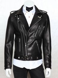 Spring Autumn Cool Black Soft Faux Leather Jacket Men with Many Zippers Long Sleeve Belt Plus Size Outerwear 240104