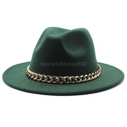 Acrylic Gold Chain Decorated Top Hat Autum Winter Women Men Wide Brim Party Church Jazz Fedora Hat British Dress Felt Panama Cap