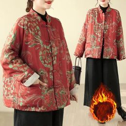 Ethnic Clothing 2024 Chinese Improved Hanfu Coat Tang Suit Traditional Flower Print Cotton Linen Jacket Oriental Cotton-padded Thicken
