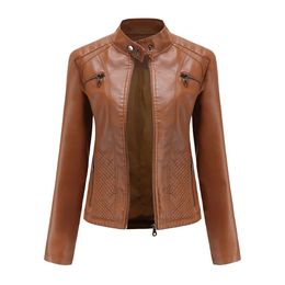 Faux Leather Jacket Women 2023 Spring Autumn Moto Biker Zipper Fashion In Outerwears Black Brown Red Pink Coffee XS 240105