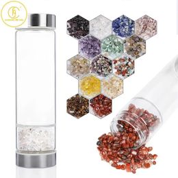Large Diameter Glass Natural Stone Multi Colour Crystal Water Bottle Energy Stone Purification Degaussing Removable Bottom 550ml 240105