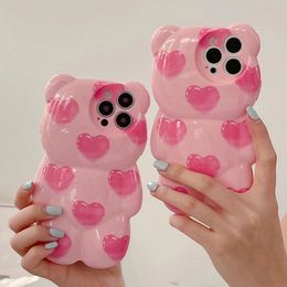 3D Cute Love Pink Bear Phone Case for iphone 15 Pro 14 Plus 13 12 Pro MAX 11Promax Soft silicone TPU Back Cover
