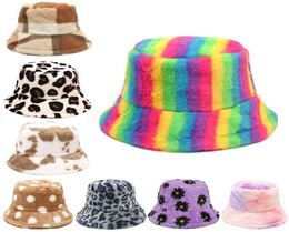 Wide Brim Hats Bucket Female Autumn Winter Faux Rabbit Fur Stripe Leopard Daisy Dot Print y Panama Warm Furry Fisherman Cap 2210275322972