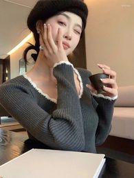 Women's Sweaters Vintage Women Slim Y2k Aesthetic Knitted Contrast Color Jumpers Elegant Chic Bottoming Pullovers Female