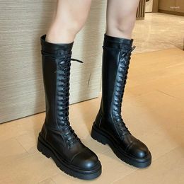 Boots 2024 Punk Style Women Knee High Fashion Cross Tied Knight Comfort Square Heel Zipper Long Autumn Winter Shoes