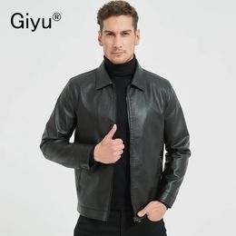 Giyu Artificial Leather Jacket Men FallWinter Casual Lapel Male Motorcycle PU Zipper Stand Windproof Coat y240105