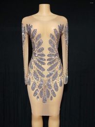 Stage Wear Nude Long Sleeves Shining Rhinestones Perspective Sexy Women Dress Party Nightclub Clothing Dance Prom Perform Costume