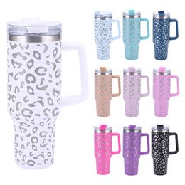 40oz Leopard Print Style Car Thermos Cup with Handle Coffee Insulated Tumbler Straw Stainless Steel Car Vacuum Flasks 240105