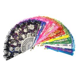 New 10 Colors Lace Spanish Fabric Silk Folding Hand Held Dance Fans Flower Party Wedding Prom Dancing Summer Fan Accessories 100pcs/lot LL