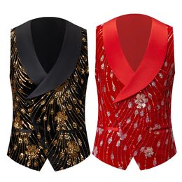 Jackets Men's Gold Shiny Sequin Suit Vest Glitter Embellished Red,black Blazer Waistcoat Night Club Wedding Party Stage Singers Clothing