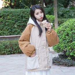 Women's Trench Coats Cute Student Girl Autumn/Winter Cotton Coat Plushed Warm Plaid Spliced Cartoon Print Hooded Waist Wrap Female 2024