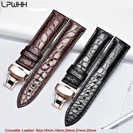 LPWHH Genuine Crocodile Leather Watchband 18mm 19mm 20mm 21mm 22mm Watches Strap Coffee Black Butterfly Buckle Watch Band2244