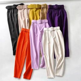 Women's Pants Casual With Slight Elasticity Slim Fit And Waist Belt Decoration Solid Color Straight Leg Suit Cropped