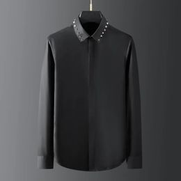 Minglu Solid Colour Male Shirts Luxury Metal Diamond Rivets Long Sleeve Casual Mens Dress Shirts Fashion Slim Fit Party Man Shirt 240104