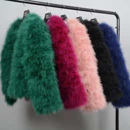 Real Ostrich Fur Feather Coat Short Jacket Furry Fluffy Party Long Sleeve Winter Women Outerwear Plus Size Puffy Turkey 240104