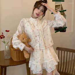 Women's Tracksuits Fashion Suit Top Gentle Wind Sweet Long-sleeved Floral Shirt Female Spring And Summer Wide-legged Shorts Small Two-piece