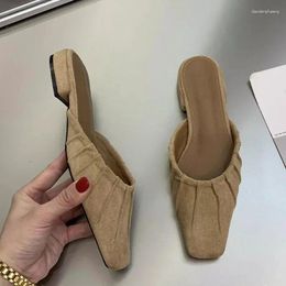 Slippers Mules Shoes Spring Fashion Women 2024 Square Toe Slingback Casual Suede Flip Flops Home Zapatos Mujer Slides