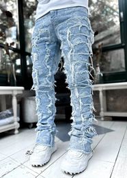 Printing Stretched Men's Stacked Jeans Patchwork Tassel Damaged Trousers For Male High Street Hippop Full Length Denim Pants 240104