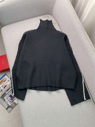 2024 primavera preto cor sólida lã de malha camisola manga longa gola painéis pulôver estilo blusas w3d283964