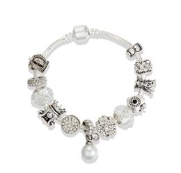 Glamour Princess Crown Beaded Bracelet Silver Plated Original Box Set For High Quality DIY Pearl Pendant Bracelet Holiday Gift9808665