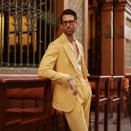 Men's Suits Fashion Yellow Elegant Blazer Pants Notched Lapel Single Breasted Formal Party 2 Piece Jacket Slim Fit