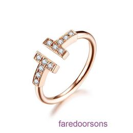 Top Quality Tifannissm Rings For women online store New Korean double T letter open ring layer diamond inlaid bare silver versatile Have Original Box