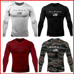 Men's T-Shirts Men Long Sleeves Letter Printed T-Shirt Fitness Tees Outdoor Sport Running Climbing Tights Bodybuilding Muscle Gym Train Compres T240105