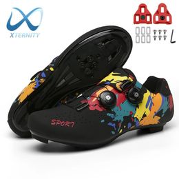 Double Buckle Graffiti Cycling Shoes Men Racing Bicycle Cleat Shoes Professional Self-Locking Cycling Sneaker MTB Bike SPD Shoes 240104