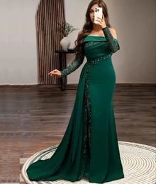 Evening Dresses Dark Green Party Prom Gown Custom Zipper Lace Up Plus Size Mermaid Trumpet Elastic Satin New Off-Shoulder Long Sleeve Beaded Applique Sequins Split