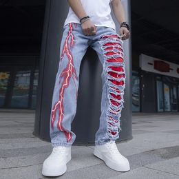 Men's Stretchy Lightning Baggy Jeans For Men Cracked Streetwear Holes Ripped Patchwork Denim Casual Pants Slim Skinny Trousers 240104