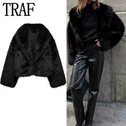 TRAF Black Faux Fur Coat Women Fluffy Cropped Jacket Woman Long Sleeve Warm Winter 2023 Luxury Furry Cardigan 240104