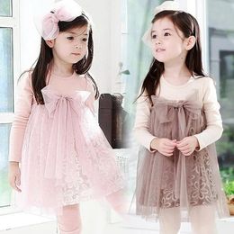 Dresses Pretty Girls Dress Autumn 100% Cotton 3D Flower Lace Tulle Splicing Big Bow Dressy Dresses Girl Kids Children Clothes Pink/coffee