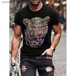 Men's T-Shirts Mens Quality Fashion T-Shirts Casual Party Short Sleeve Leopard Hot Drill Men Clothing Tee Tops O-Neck Rhinestone Tshirt Y2K New T240105