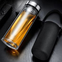 Leakproof Glass Tea Bottles With Infuser Stainless Steel Double Walled Bottle Portable Travel Drinking Lemon Water Cup 240104