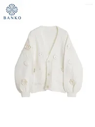 Women's Knits 2000s Aesthetic Korean Floral Cardigans Single Breasted V-Neck Cozy Knitted Sweater Fashion Casual White Outerwear Oversized
