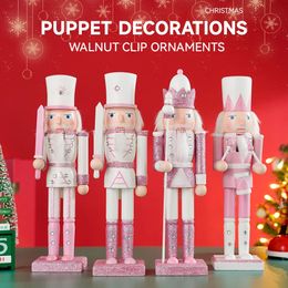 30CM Wooden Nutcracker Solider Figurine Puppet Pink Glitter Soldier Doll Toy Handcraft Ornament Christmas Home Office Decoration 240105