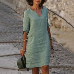 Casual Dresses Green Cotton Linen Summer Dress For Women Vintage Half Sleeve Knee Length Elegant Loose Boho Beach Party Slim Robe