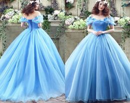 Princess Sweet 15 Quinceanera Dresses With Sleeves Off Shoulder In Stock Blue Applique Cheap Ball Gown Prom Dress Court6323972