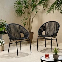 Camp Furniture Outdoor Modern Faux Rattan Club Chair Set Of 2 Black Garden Patio Simple