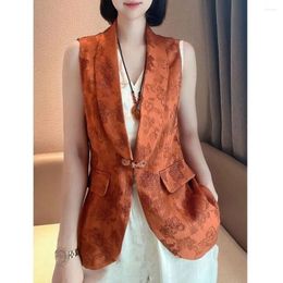 Ethnic Clothing 2024 Autumn Chinese Versatile Vest Coat Women's Plate Buckle Sweetheart Waist Style Tangsuits Jacket